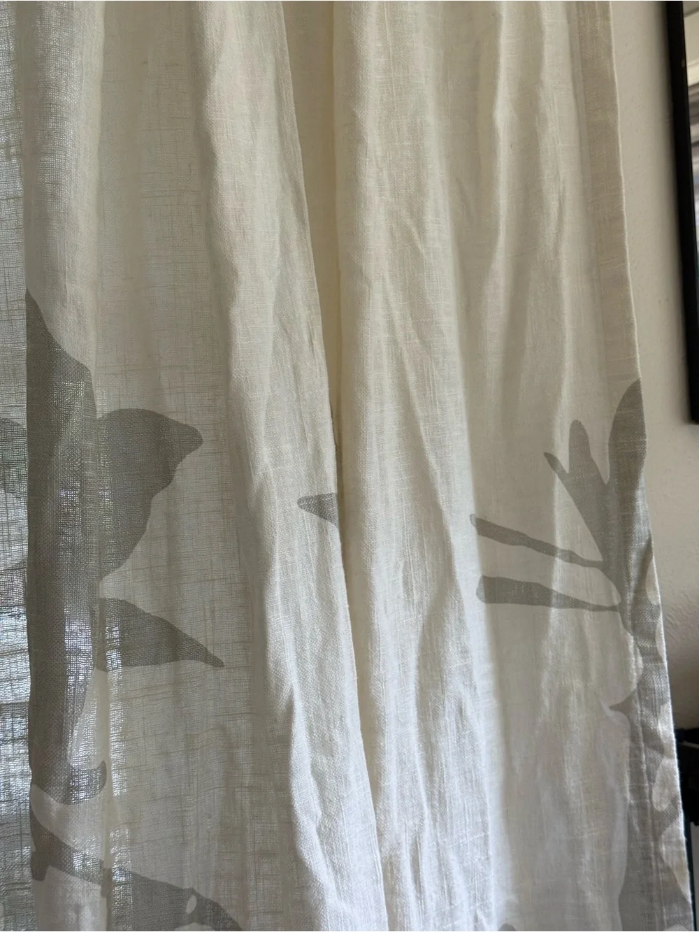 West Elm Cream Curtains Taupe Botanical Motif linen cotton 48x96/2 panels *flaw*